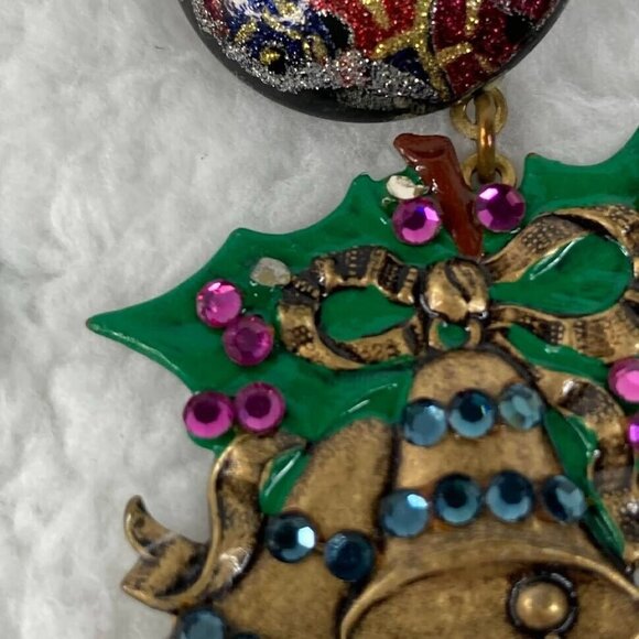 Vintage Christmas Bells Pierced Earrings 2.5"  Button Studs Dangle Rhinestones - Picture 7 of 10